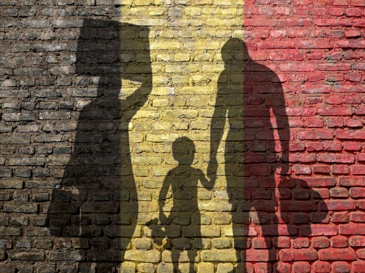 Silhouettes d'une famille marchant devant un mur aux couleurs du drapeau belge, représentant les aides pour les personnes sans papiers en Belgique.