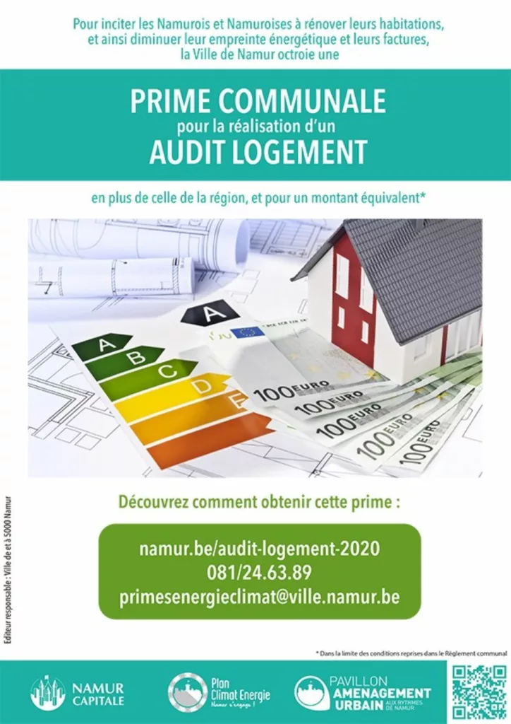 Affiche sur la prime communale Audit Logement de la Ville de Namur, aidant les habitants à financer un audit énergétique pour réduire leur consommation.